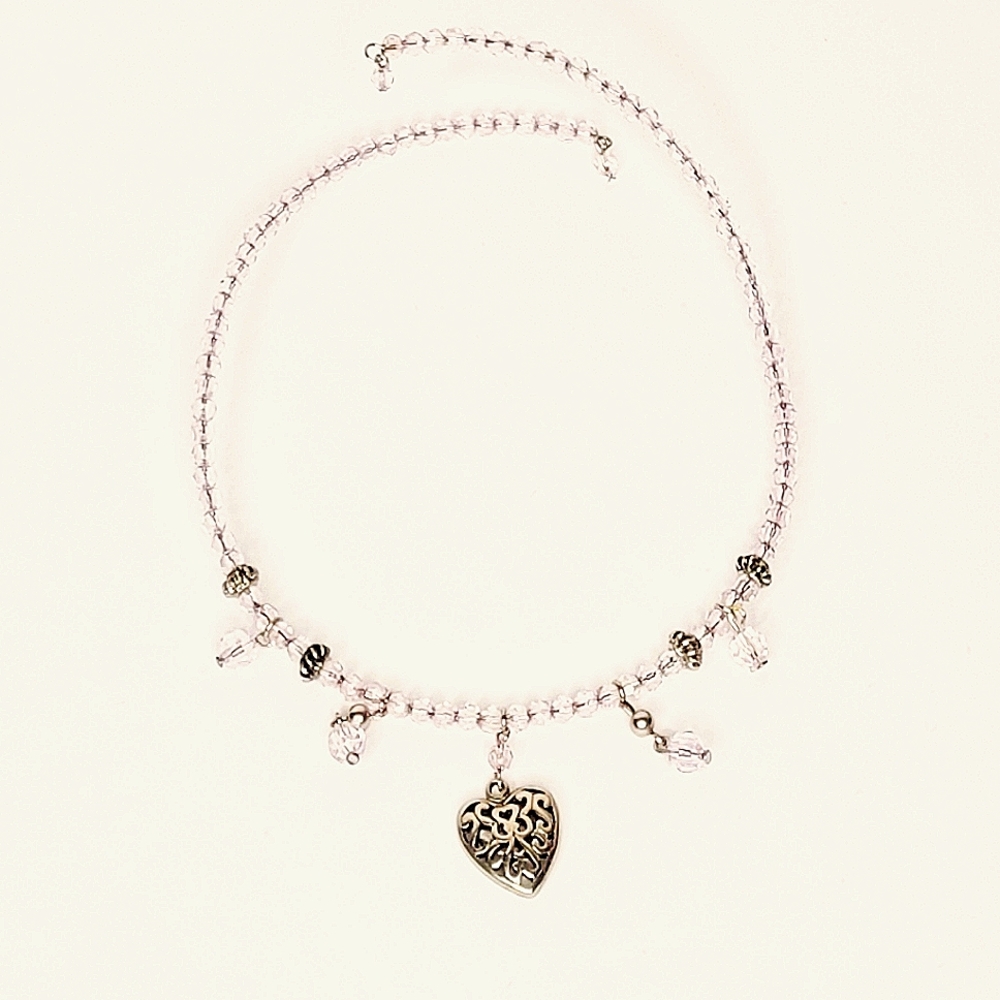 ``N925N554 Vintage Clear Beaded Choker Necklace with Heart Charm